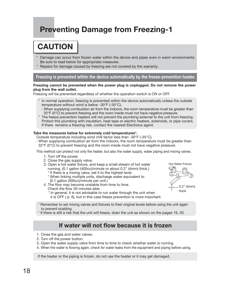 Preventing damage from freezing-1, Caution, If water will not ﬂow because it is frozen | Electrolux EP19WI30LS User Manual | Page 20 / 38