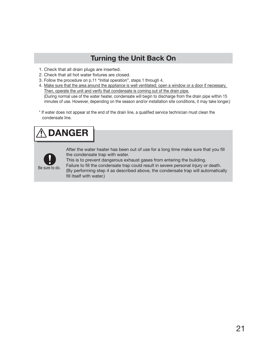 Danger, Turning the unit back on | Electrolux EP19WI30LS User Manual | Page 23 / 38