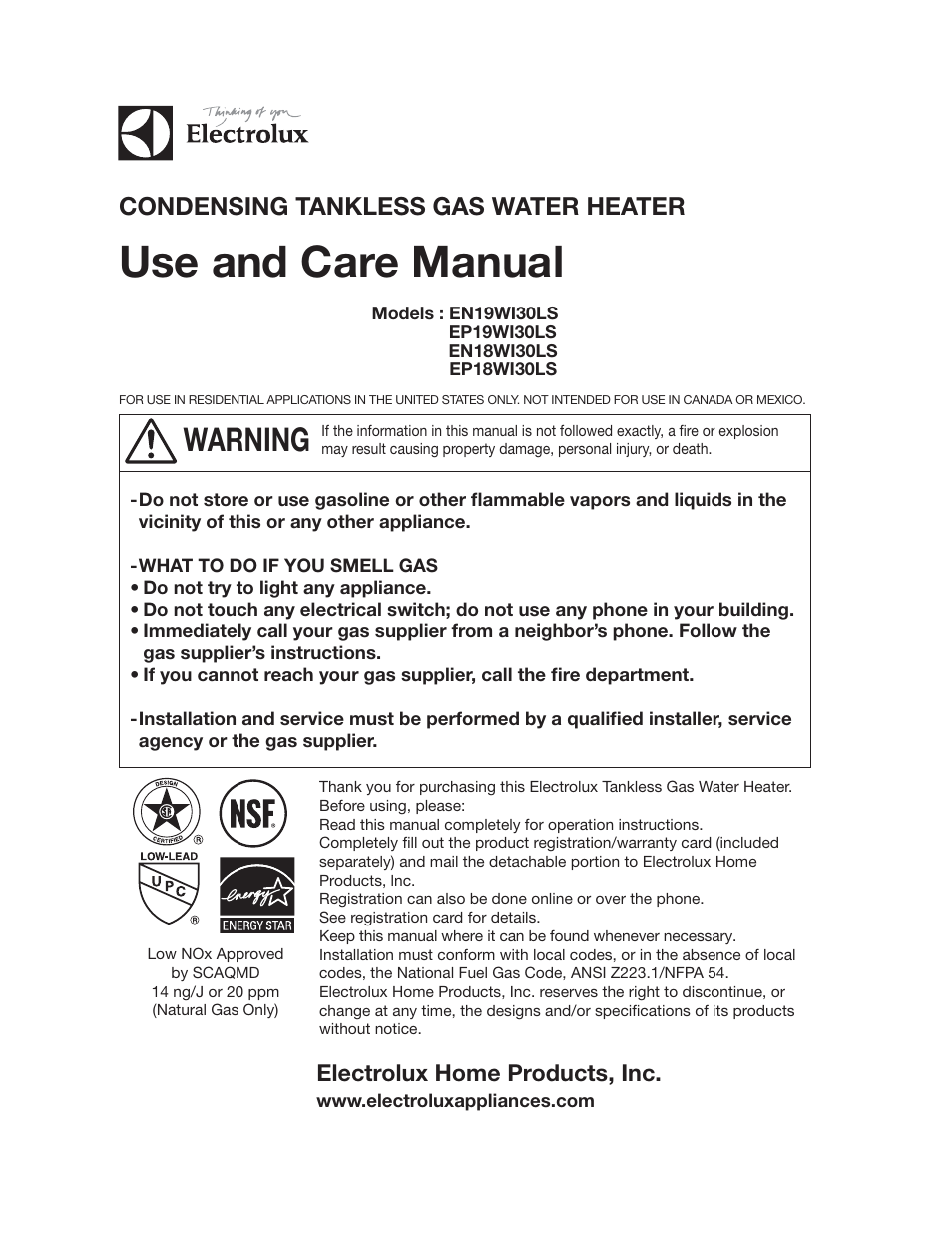 Use and care manual, Warning, Condensing tankless gas water heater | Electrolux home products, inc | Electrolux EP19WI30LS User Manual | Page 3 / 38