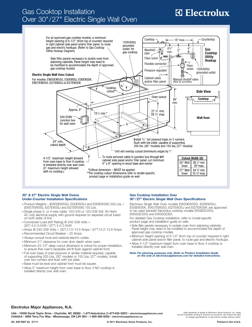 Electrolux major appliances, n.a, Gas cooktop utility hookup | Electrolux EW27EW55GS User Manual | Page 4 / 11