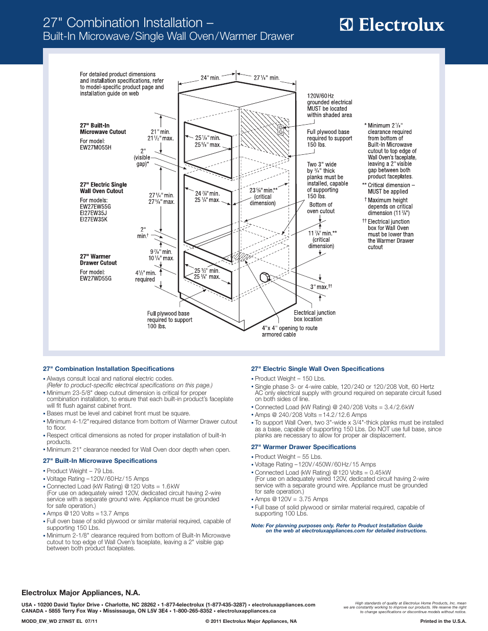 27" combination installation, Built-in microwave/single wall oven/warmer drawer, Electrolux major appliances, n.a | Electrolux EW27EW55GS User Manual | Page 6 / 11