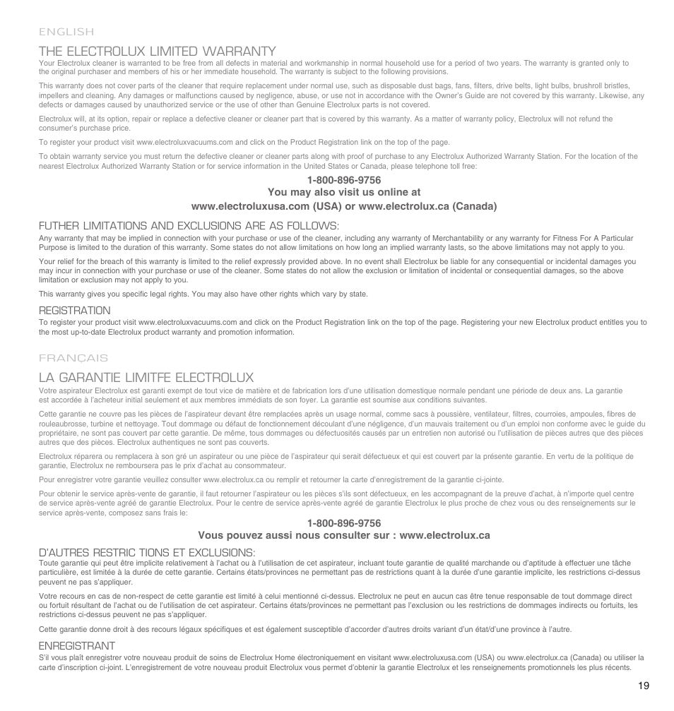 The electrolux limited warranty, La garantie limitfe electrolux | Electrolux EL3000A User Manual | Page 19 / 22