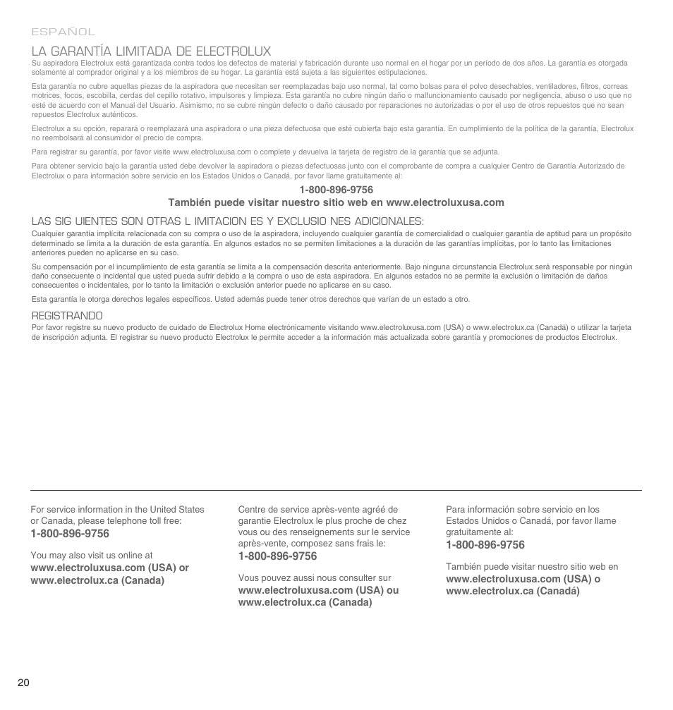 La garantía limitada de electrolux | Electrolux EL3000A User Manual | Page 20 / 22