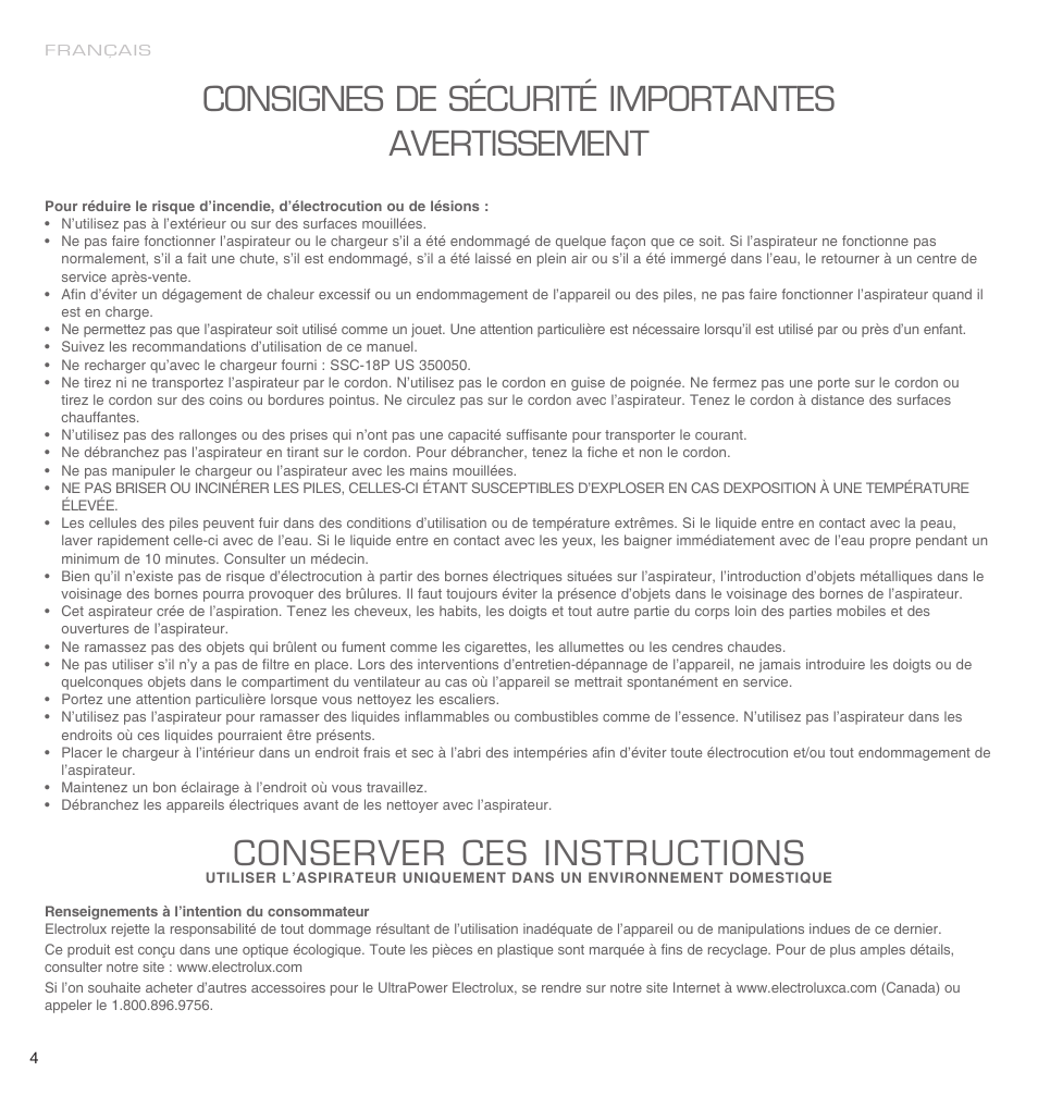 Consignes de sécurité importantes avertissement, Conserver ces instructions | Electrolux EL3000A User Manual | Page 4 / 22