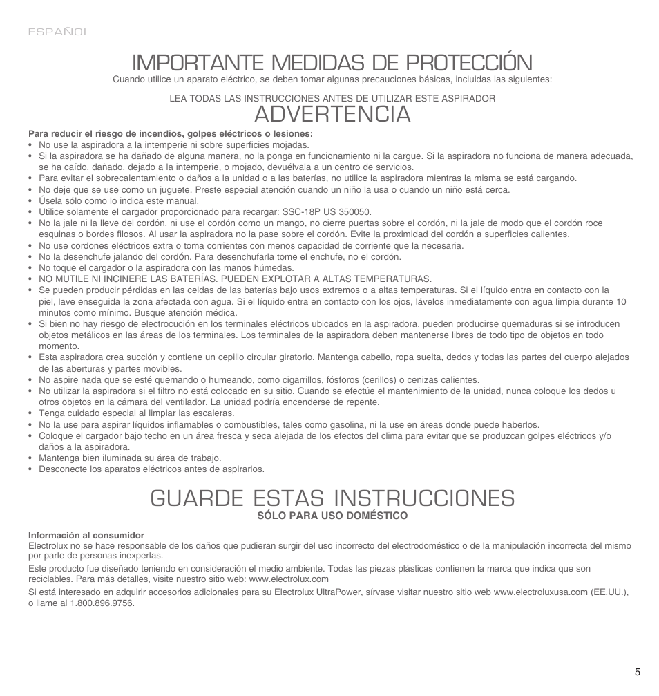 Importante medidas de protección, Advertencia, Guarde estas instrucciones | Electrolux EL3000A User Manual | Page 5 / 22