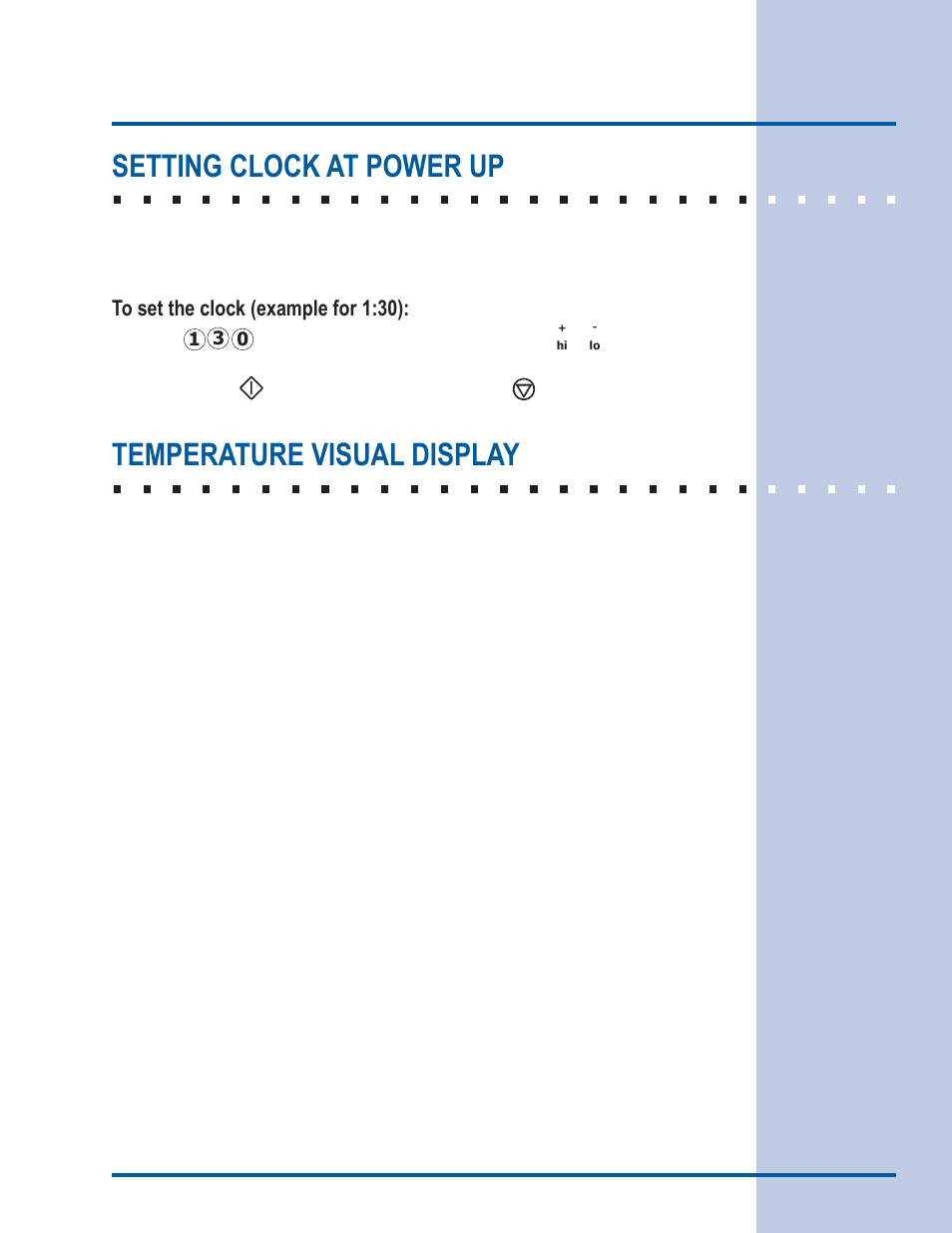 Getting started, Setting clock at power up, Temperature visual display | Electrolux EI30ES55LW User Manual | Page 15 / 52