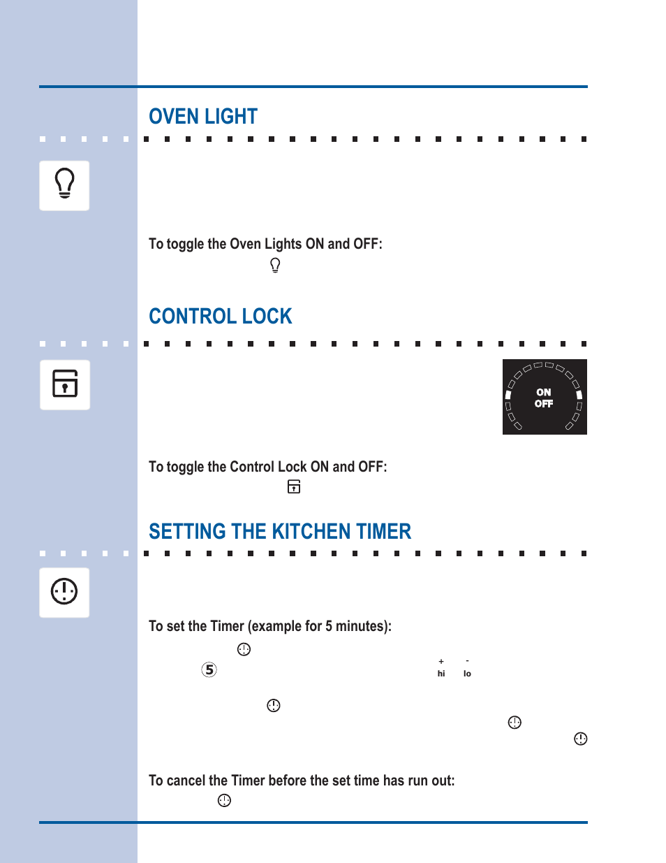 Getting started, Oven light, Control lock | Setting the kitchen timer | Electrolux EI30ES55LW User Manual | Page 16 / 52