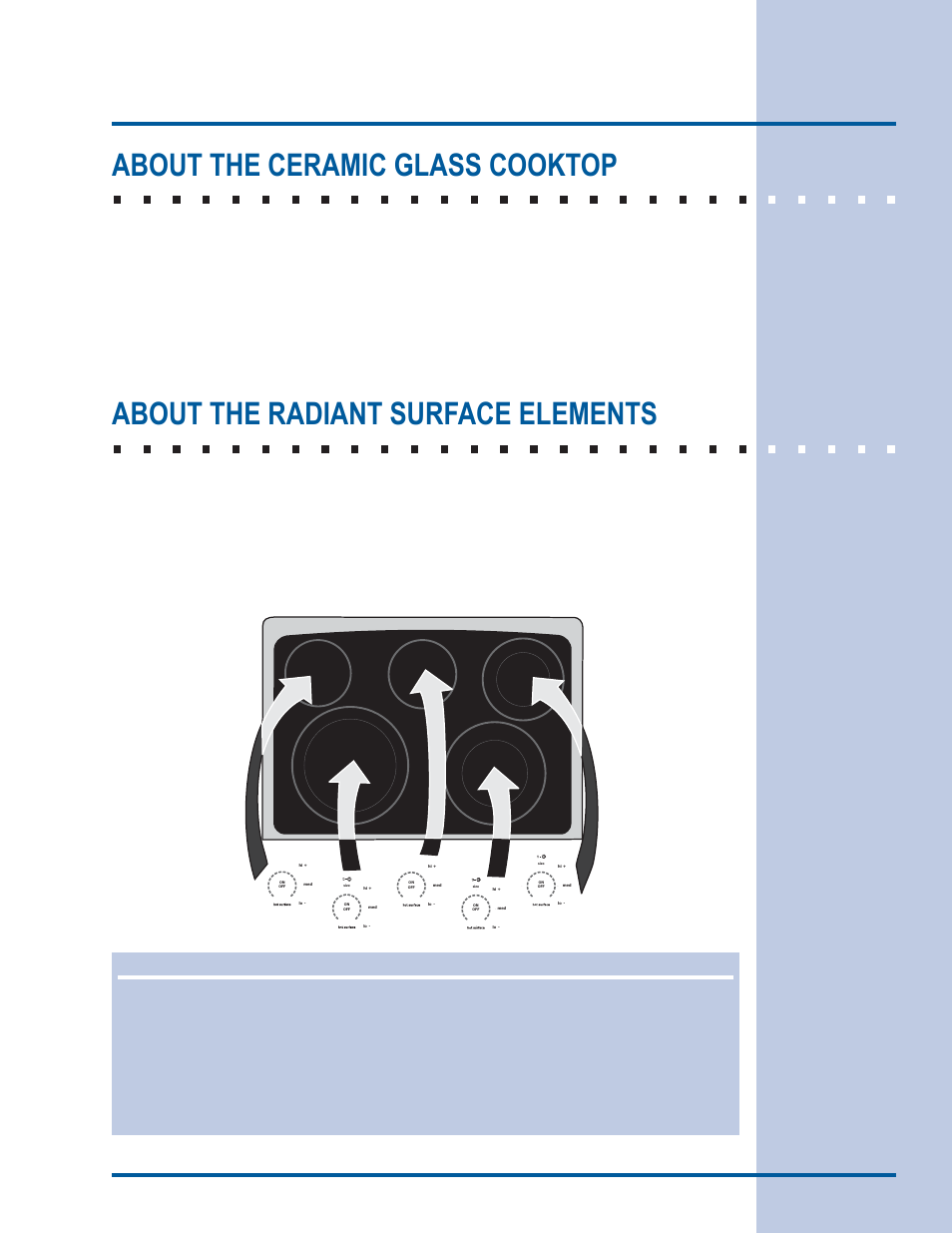 Setting surface controls, About the ceramic glass cooktop, About the radiant surface elements | Electrolux EI30ES55LW User Manual | Page 17 / 52