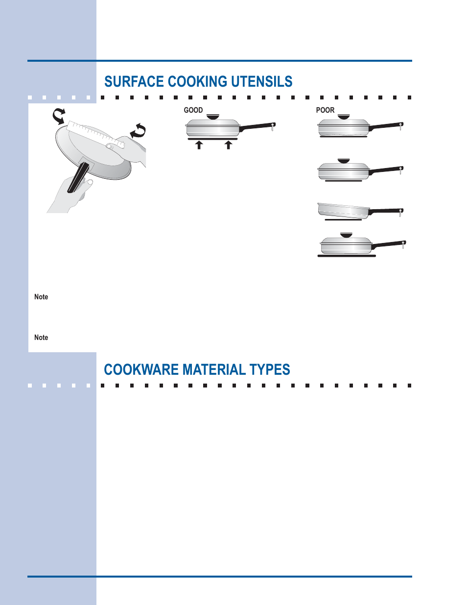 Setting surface controls, Cookware material types, Surface cooking utensils | Electrolux EI30ES55LW User Manual | Page 18 / 52