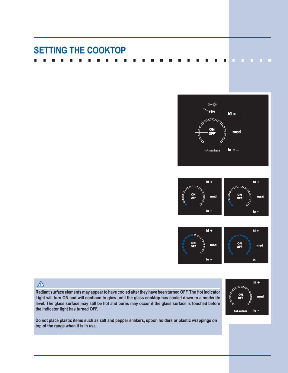 Setting surface controls, Setting the cooktop, Caution | Available cooktop settings, Element size indicators, Hot surface alert | Electrolux EI30ES55LW User Manual | Page 19 / 52