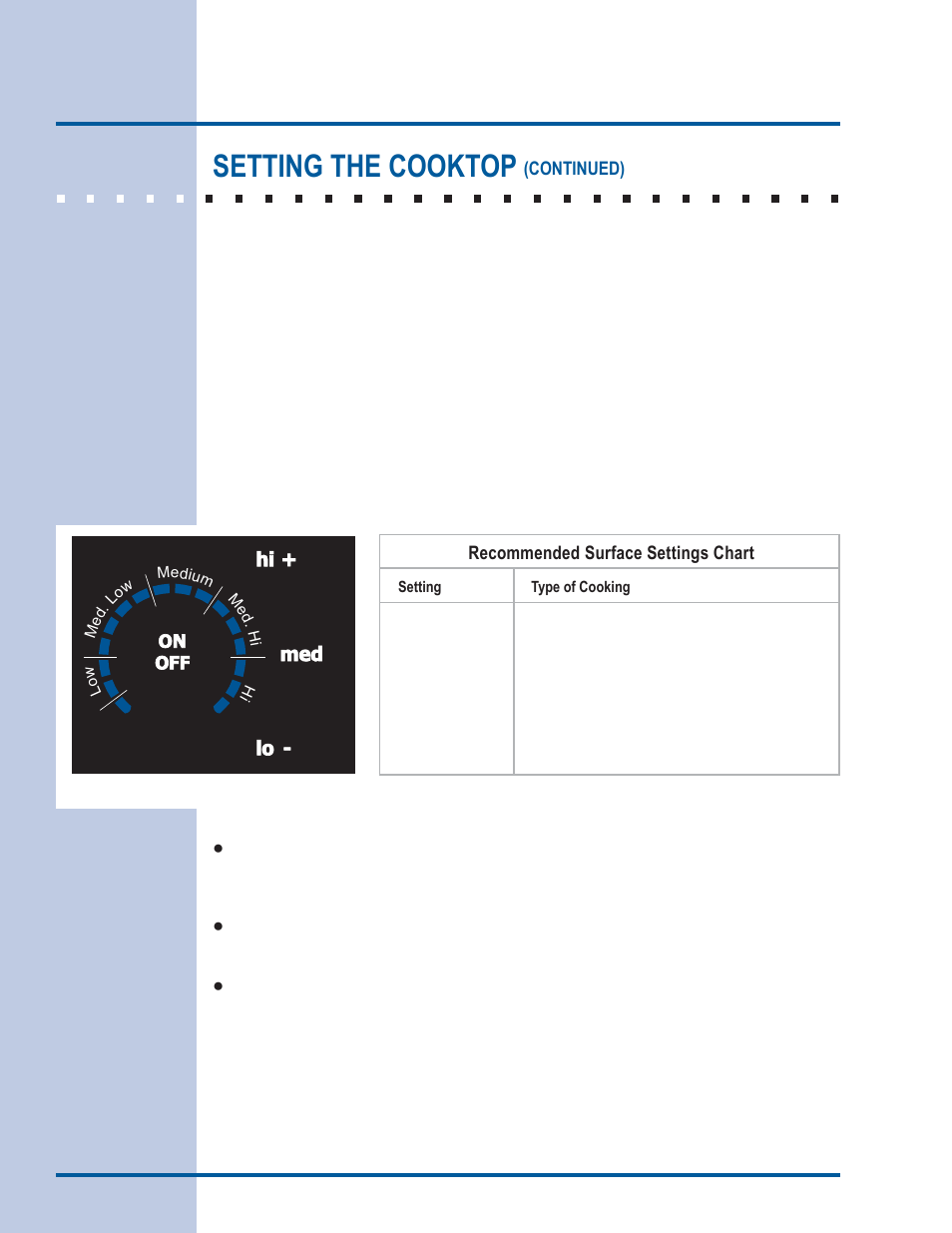 Setting surface controls, Setting the cooktop | Electrolux EI30ES55LW User Manual | Page 20 / 52