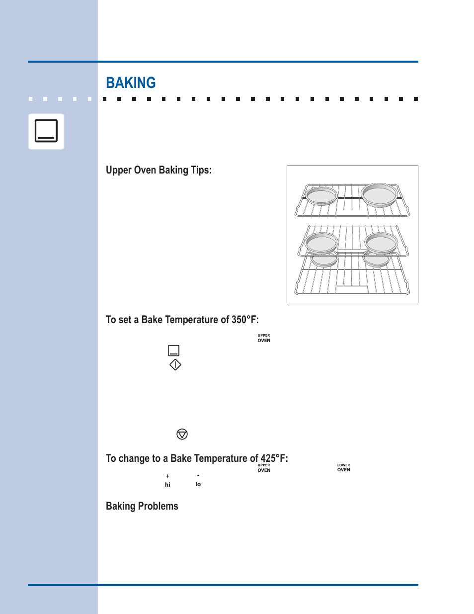 Cooking modes, Baking, Upper oven baking tips | Baking problems | Electrolux EI30ES55LW User Manual | Page 22 / 52