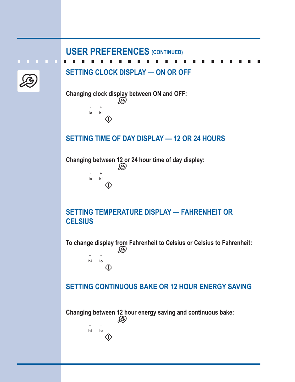 Electronic control settings, User preferences, Setting clock display — on or off | Setting time of day display — 12 or 24 hours, Setting continuous bake or 12 hour energy saving, Changing clock display between on and off, Changing between 12 or 24 hour time of day display | Electrolux EI30ES55LW User Manual | Page 34 / 52