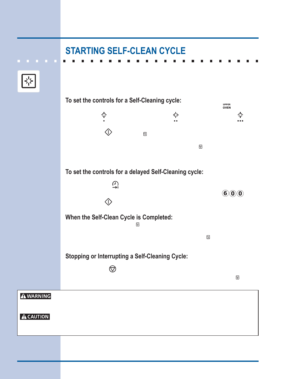 Care & cleaning, Starting self-clean cycle, When the self-clean cycle is completed | Stopping or interrupting a self-cleaning cycle | Electrolux EI30ES55LW User Manual | Page 40 / 52