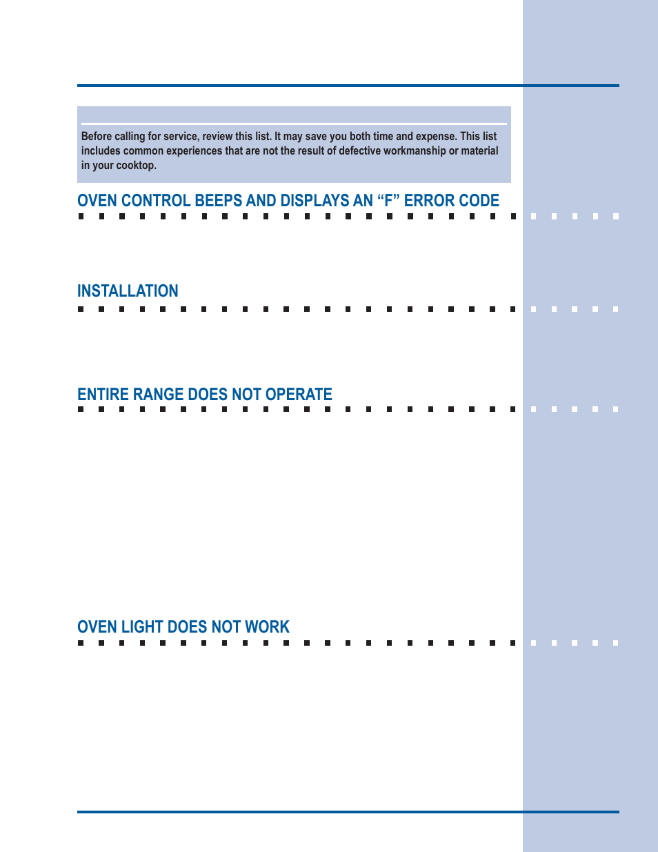 Solutions to common problems, Important, Oven control beeps and displays an “f” error code | Installation, Entire range does not operate, Oven light does not work | Electrolux EI30ES55LW User Manual | Page 47 / 52