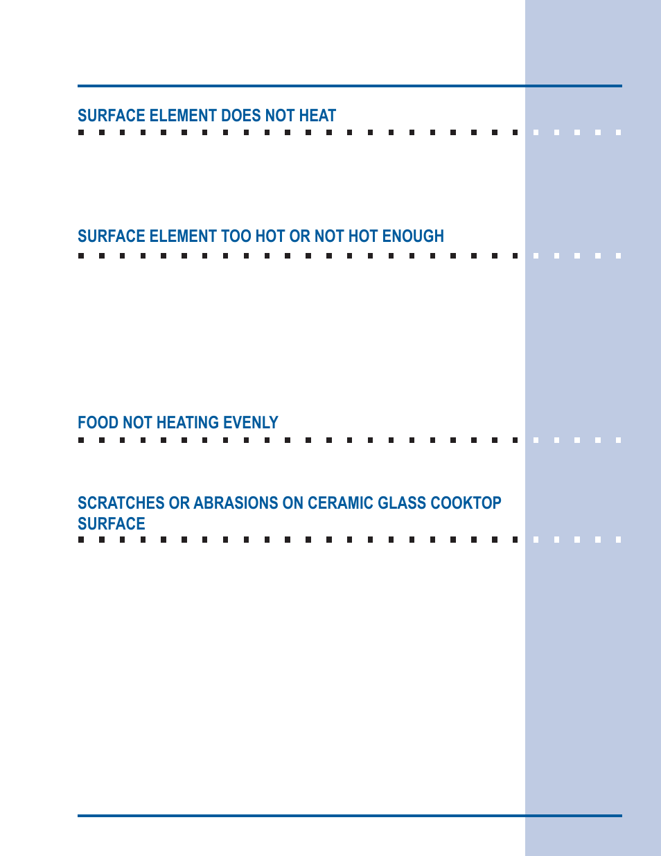 Solutions to common problems, Surface element does not heat, Surface element too hot or not hot enough | Food not heating evenly | Electrolux EI30ES55LW User Manual | Page 49 / 52