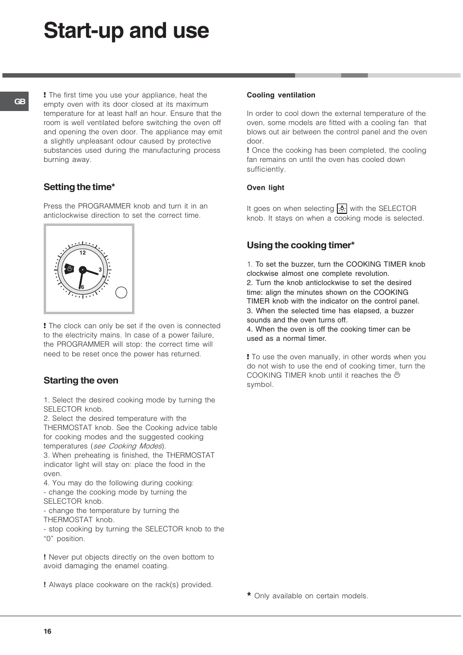 Start-up and use, Setting the time, Starting the oven | Using the cooking timer | Hotpoint Ariston FT 850.1/HA User Manual | Page 16 / 56