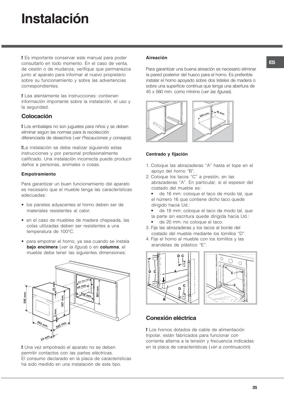 Instalación, Colocación, Conexión eléctrica | Hotpoint Ariston FT 850.1/HA User Manual | Page 35 / 56