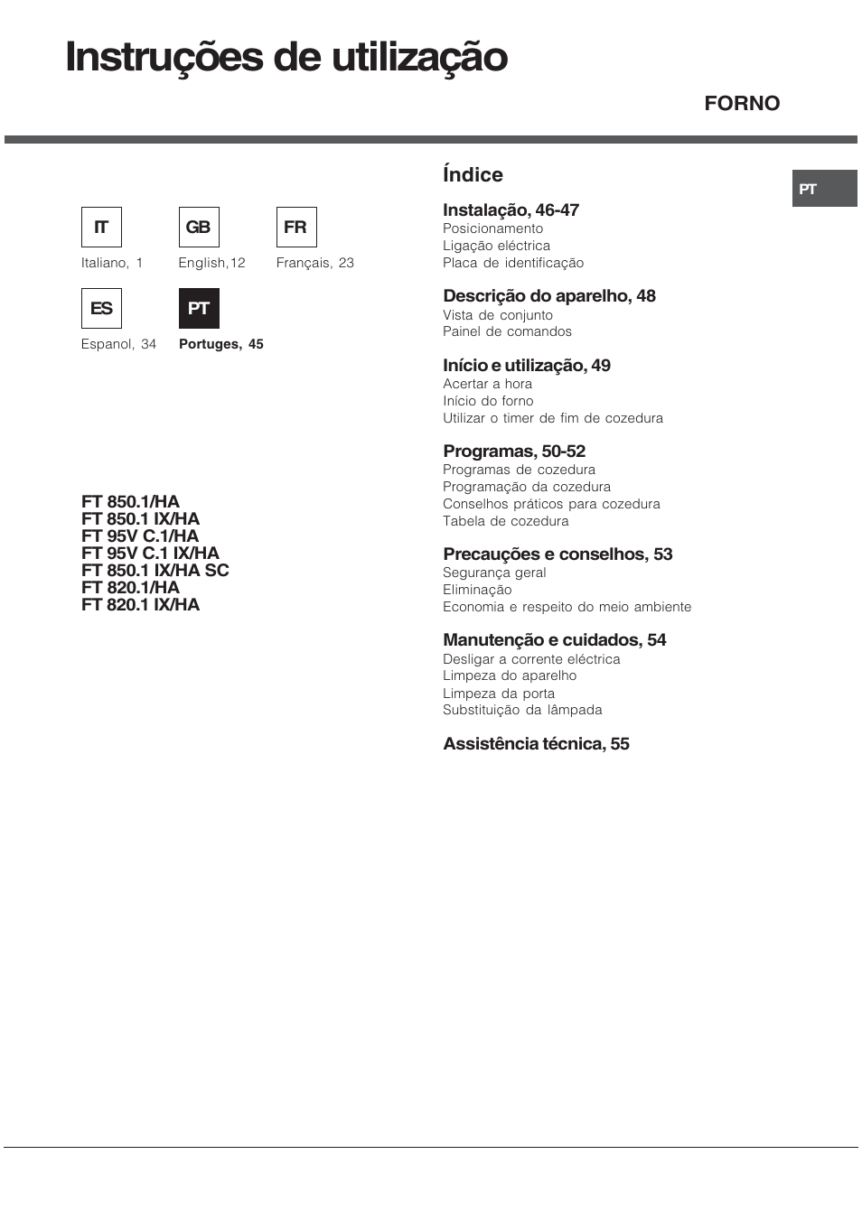 Instruções de utilização, Índice, Forno | Hotpoint Ariston FT 850.1/HA User Manual | Page 45 / 56