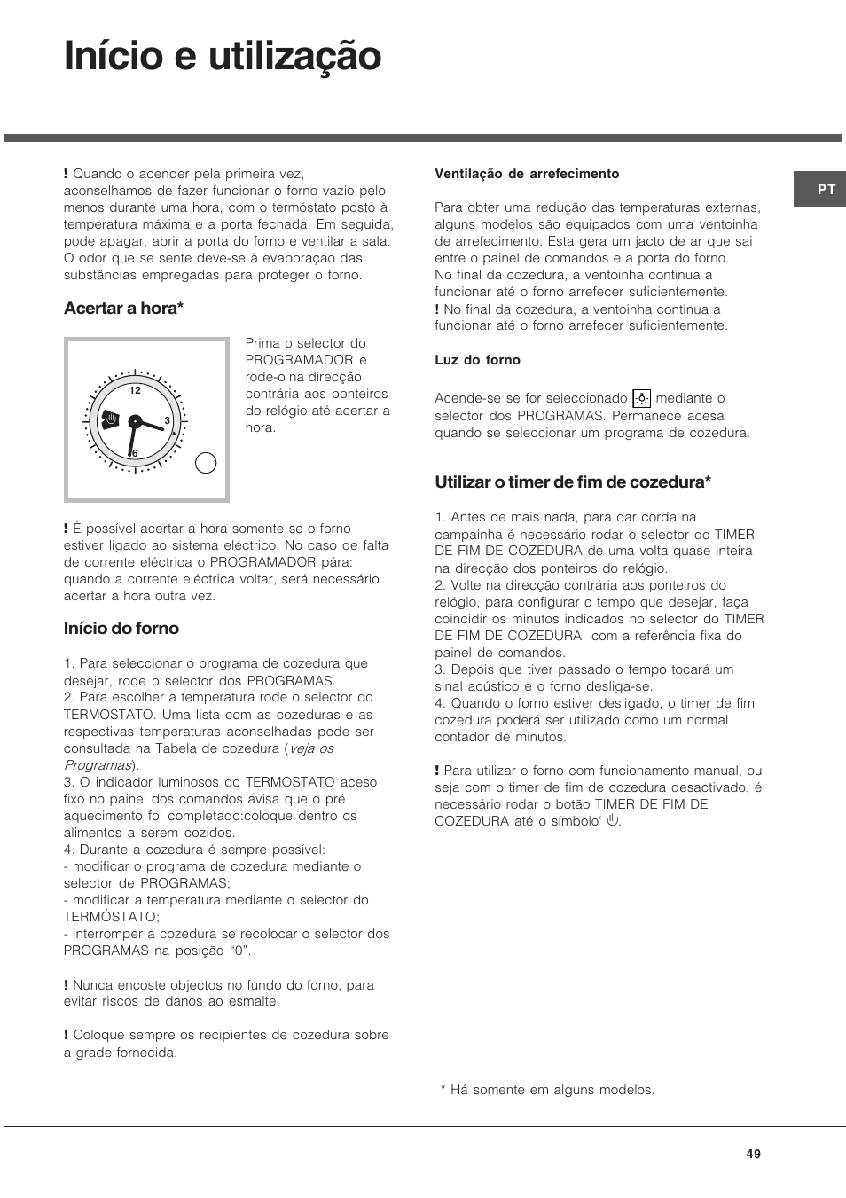 Início e utilização, Acertar a hora, Início do forno | Utilizar o timer de fim de cozedura | Hotpoint Ariston FT 850.1/HA User Manual | Page 49 / 56