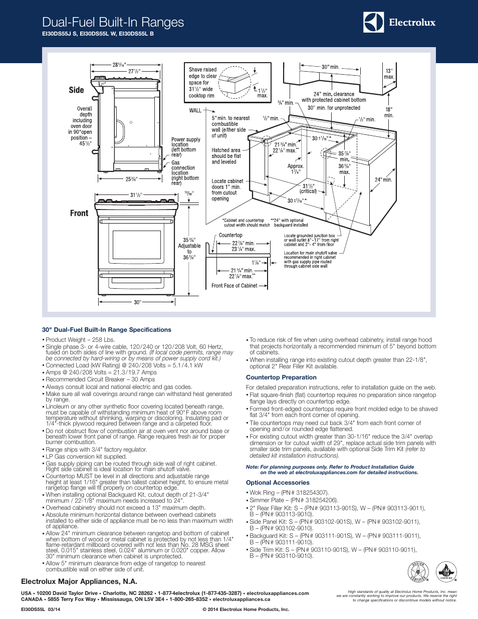 Dual-fuel built-in ranges, Electrolux major appliances, n.a | Electrolux EI30DS55LW User Manual | Page 2 / 5