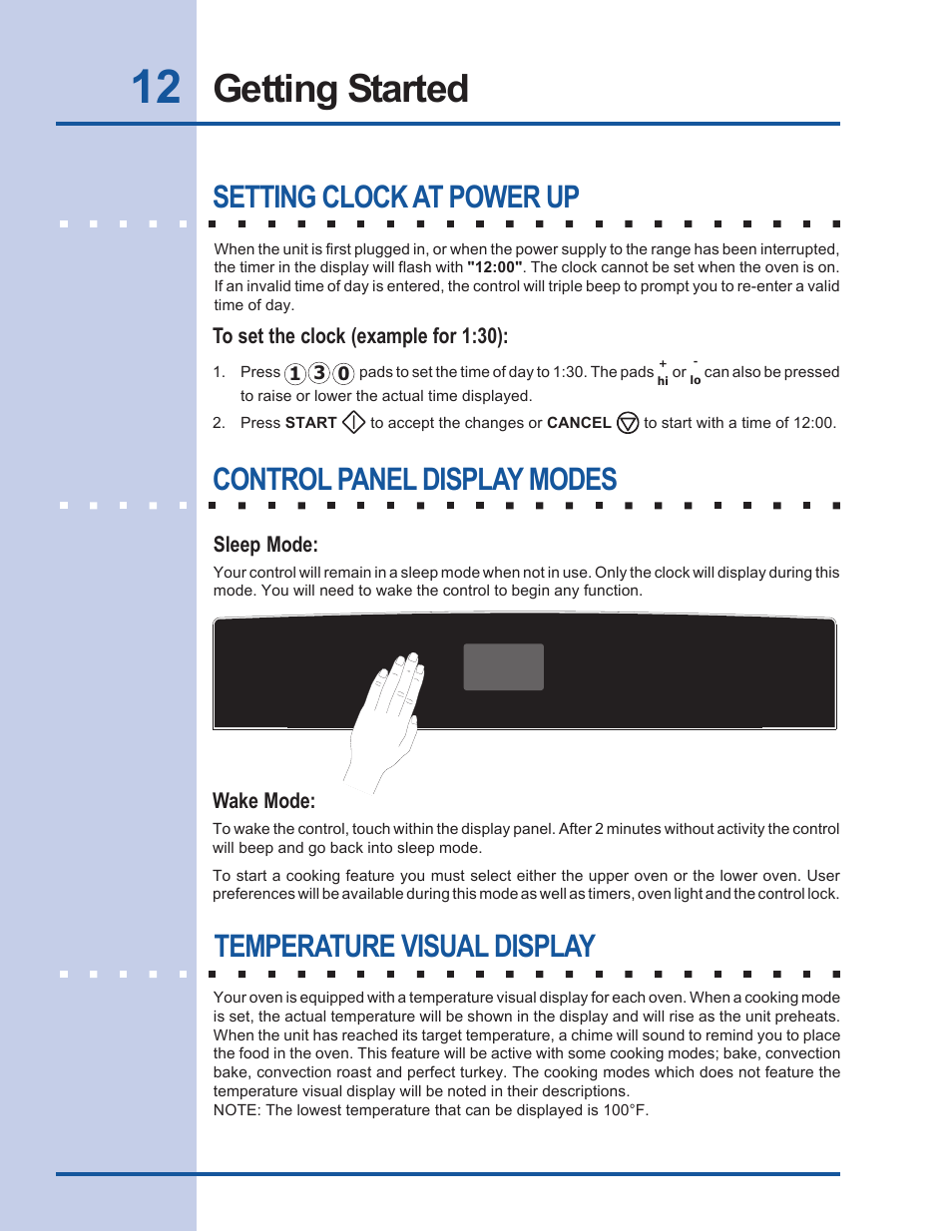 Getting started, Temperature visual display | Electrolux EW27EW65GB User Manual | Page 12 / 44