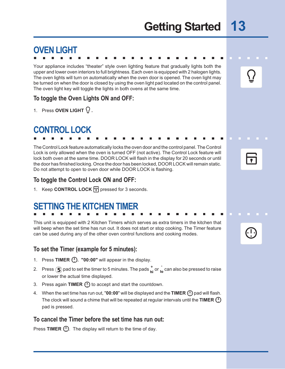 Getting started, Oven light, Control lock | Setting the kitchen timer | Electrolux EW27EW65GB User Manual | Page 13 / 44