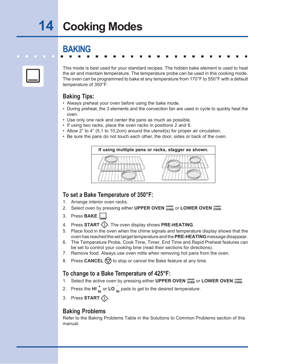 Cooking modes, Baking, Baking problems | Baking tips | Electrolux EW27EW65GB User Manual | Page 14 / 44