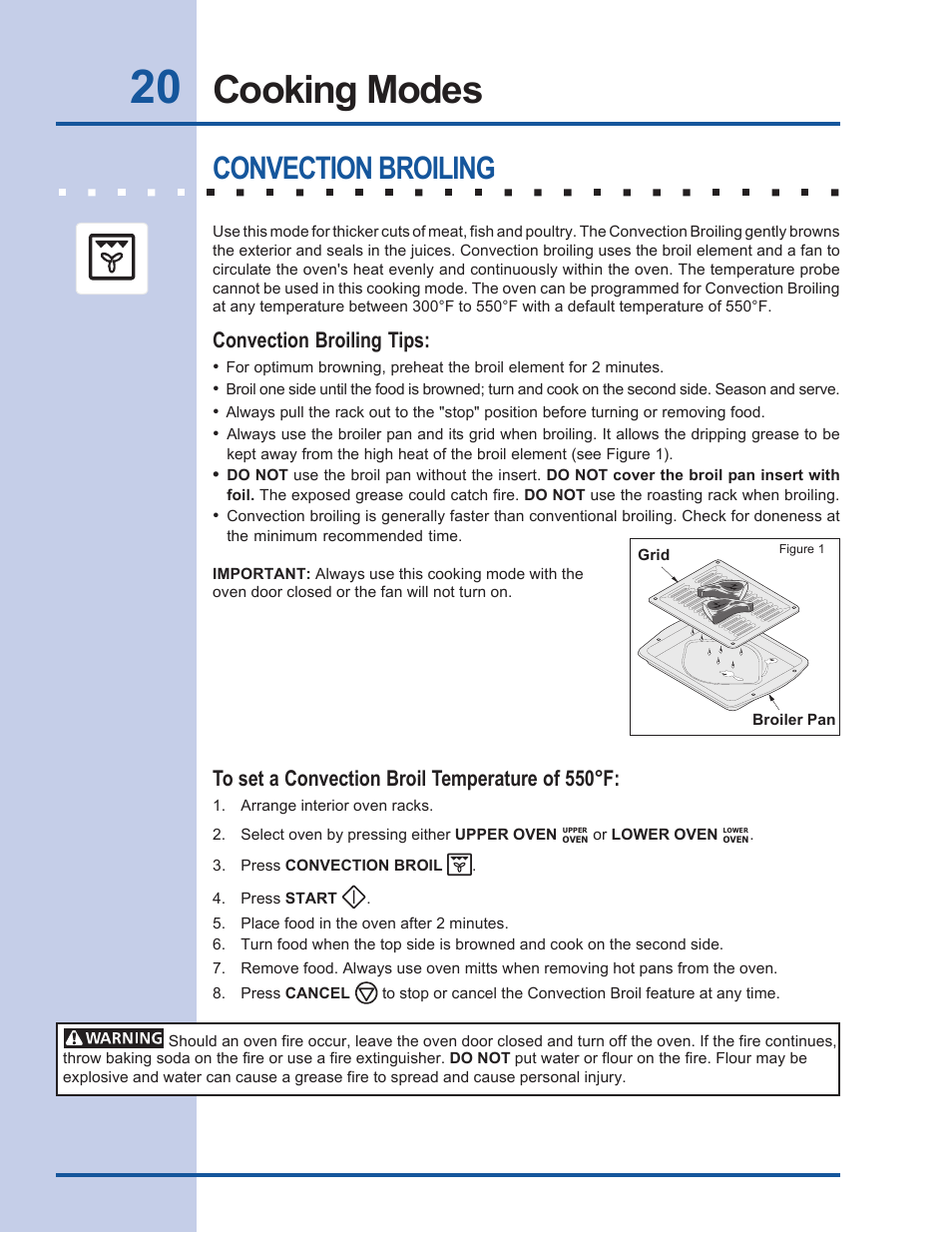 Cooking modes, Convection broiling, Convection broiling tips | Electrolux EW27EW65GB User Manual | Page 20 / 44