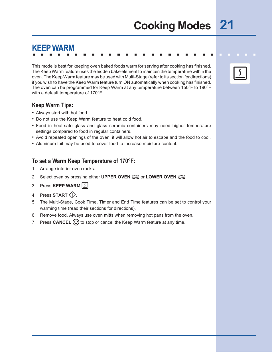 Cooking modes, Keep warm, Keep warm tips | Electrolux EW27EW65GB User Manual | Page 21 / 44