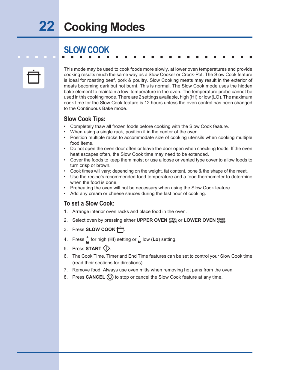 Cooking modes, Slow cook, Slow cook tips | Electrolux EW27EW65GB User Manual | Page 22 / 44