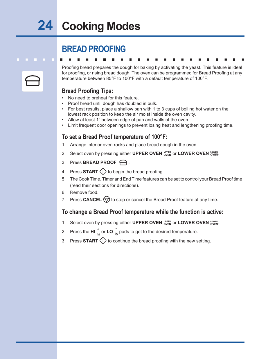 Cooking modes, Bread proofing, Bread proofing tips | Electrolux EW27EW65GB User Manual | Page 24 / 44