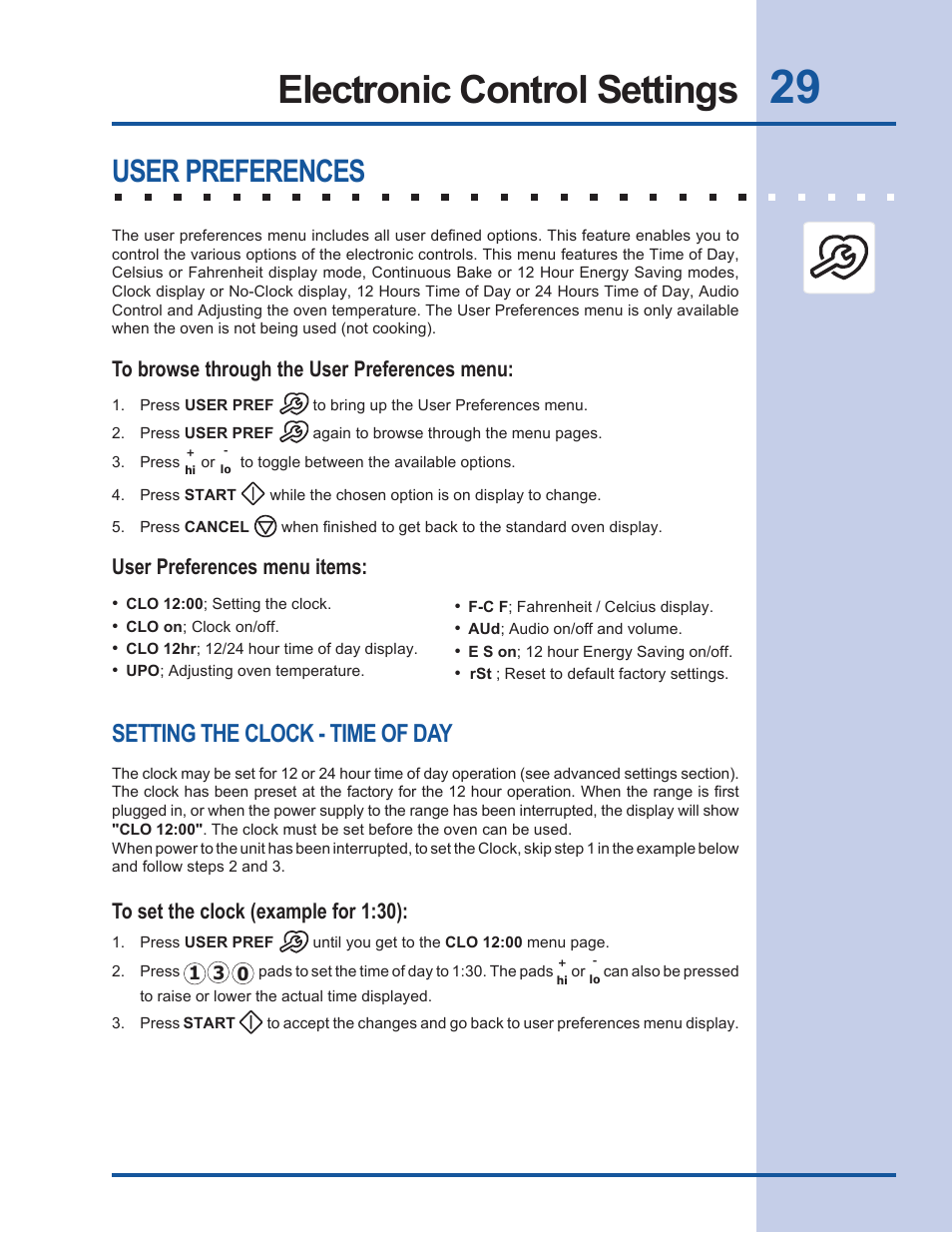 Electronic control settings, User preferences, Setting the clock - time of day | User preferences menu items | Electrolux EW27EW65GB User Manual | Page 29 / 44