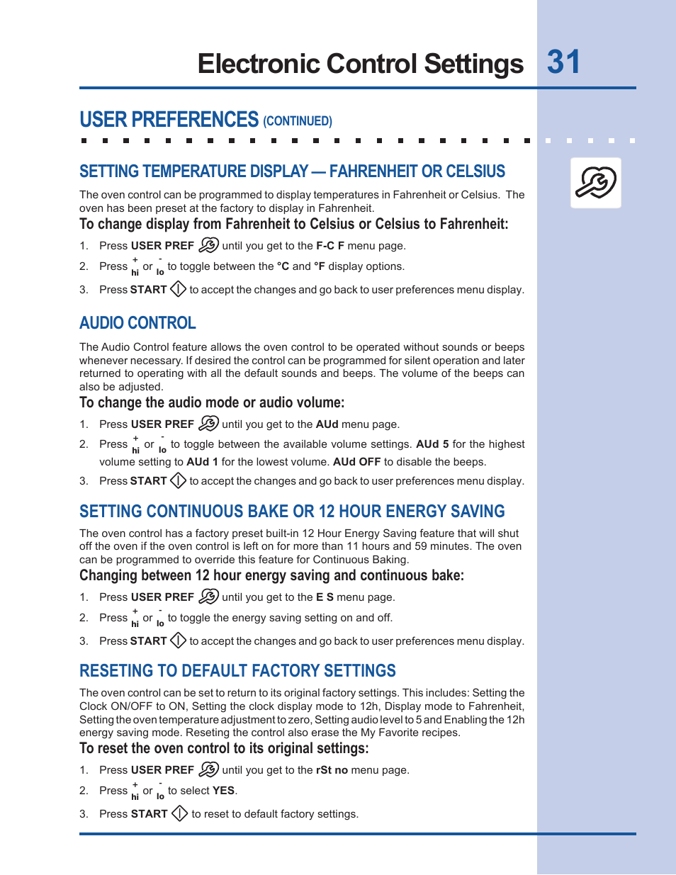 Electronic control settings, User preferences, Audio control | Setting continuous bake or 12 hour energy saving, Reseting to default factory settings | Electrolux EW27EW65GB User Manual | Page 31 / 44