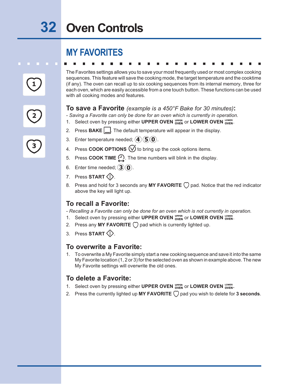 Oven controls, My favorites | Electrolux EW27EW65GB User Manual | Page 32 / 44