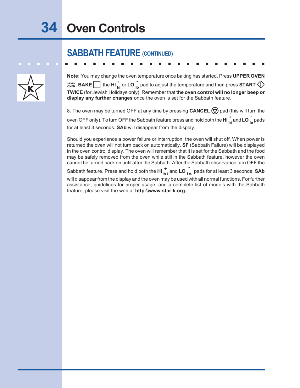 Oven controls, Sabbath feature | Electrolux EW27EW65GB User Manual | Page 34 / 44