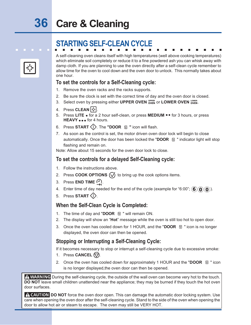 Care & cleaning, Starting self-clean cycle, When the self-clean cycle is completed | Stopping or interrupting a self-cleaning cycle | Electrolux EW27EW65GB User Manual | Page 36 / 44