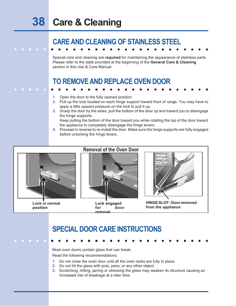 Care & cleaning, Special door care instructions, Care and cleaning of stainless steel | Electrolux EW27EW65GB User Manual | Page 38 / 44