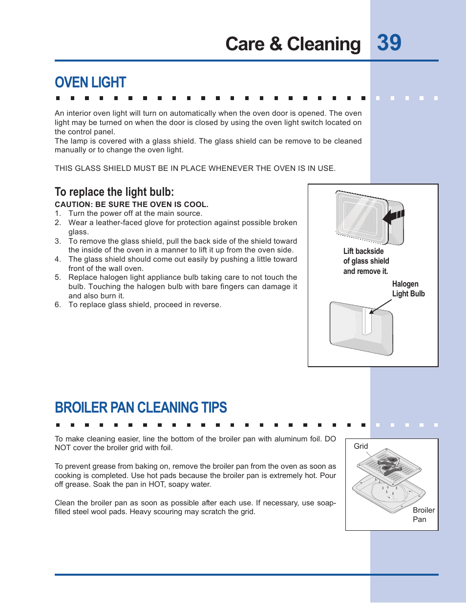 Care & cleaning, Oven light, Broiler pan cleaning tips | Electrolux EW27EW65GB User Manual | Page 39 / 44