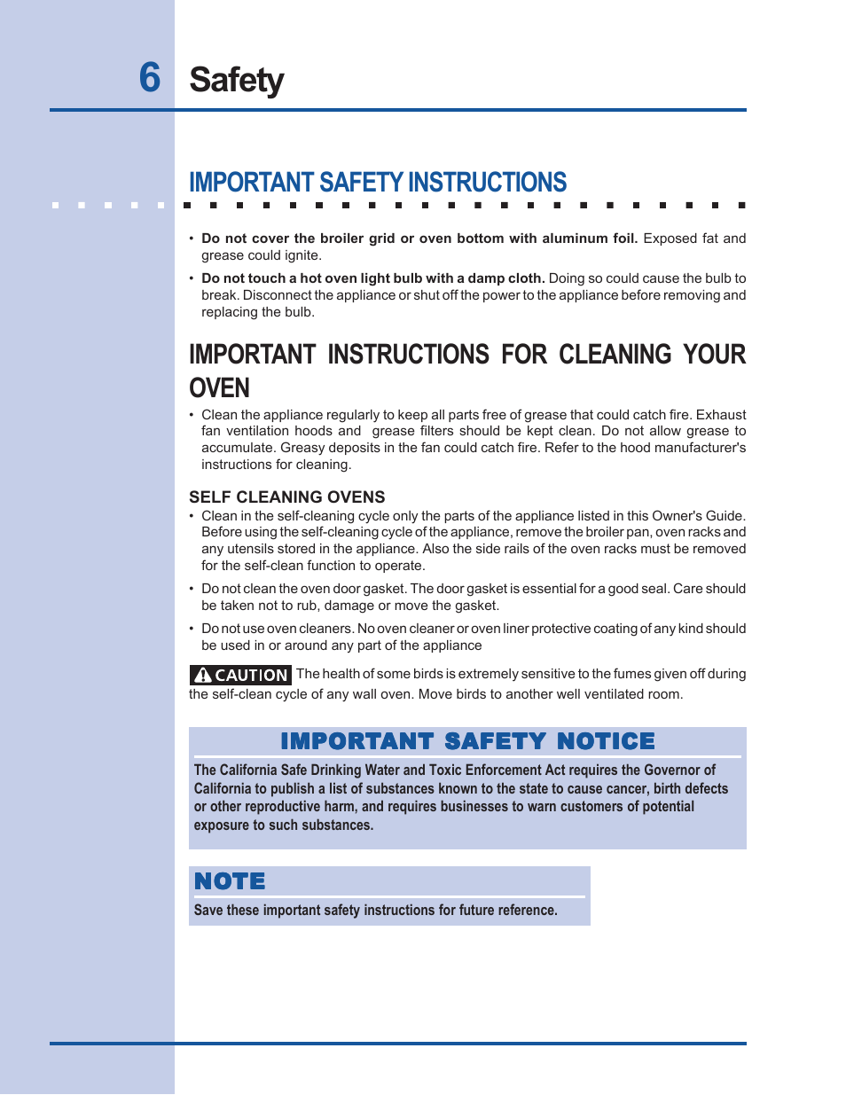 Safety, Important safety instructions, Important instructions for cleaning your oven | Electrolux EW27EW65GB User Manual | Page 6 / 44