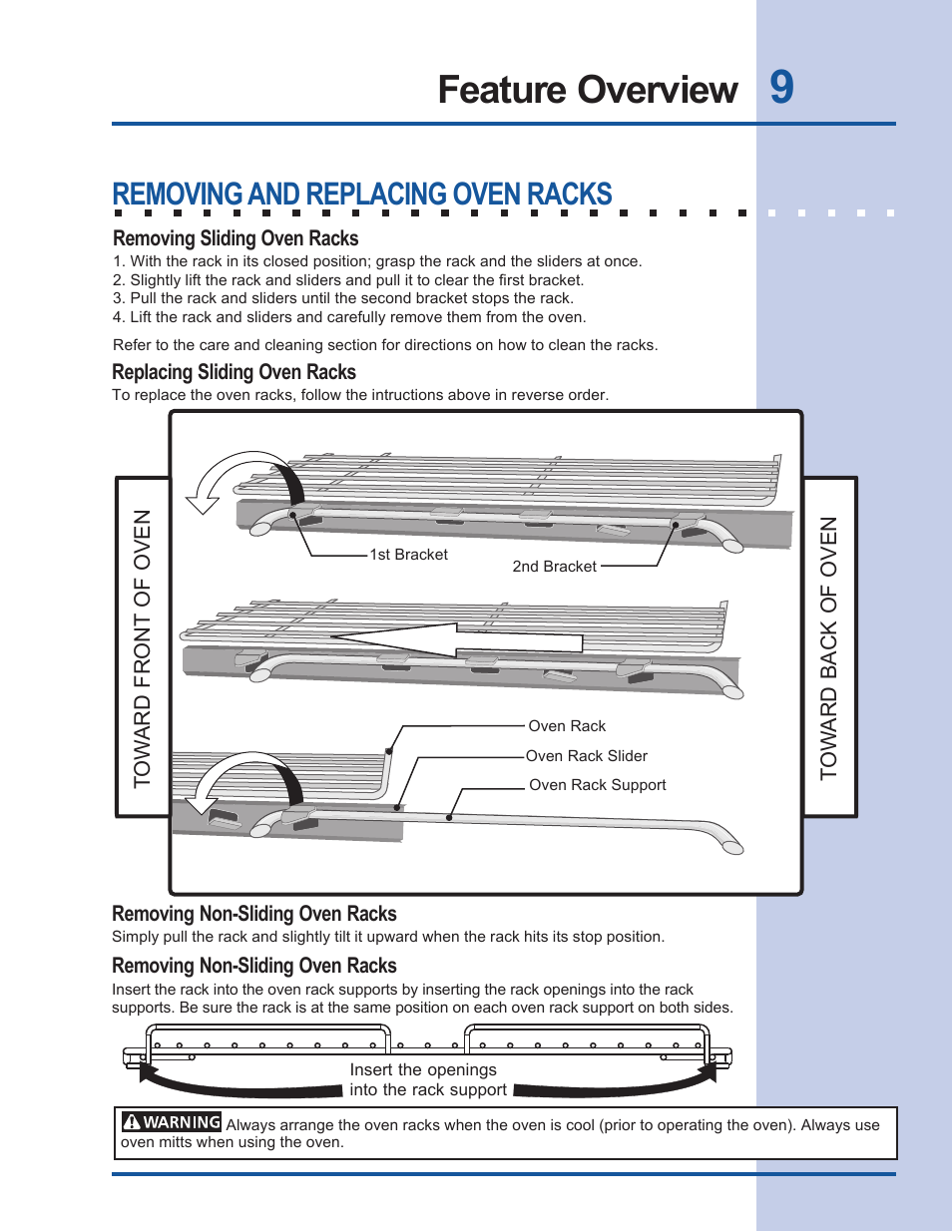 Feature overview, Removing and replacing oven racks | Electrolux EW27EW65GB User Manual | Page 9 / 44