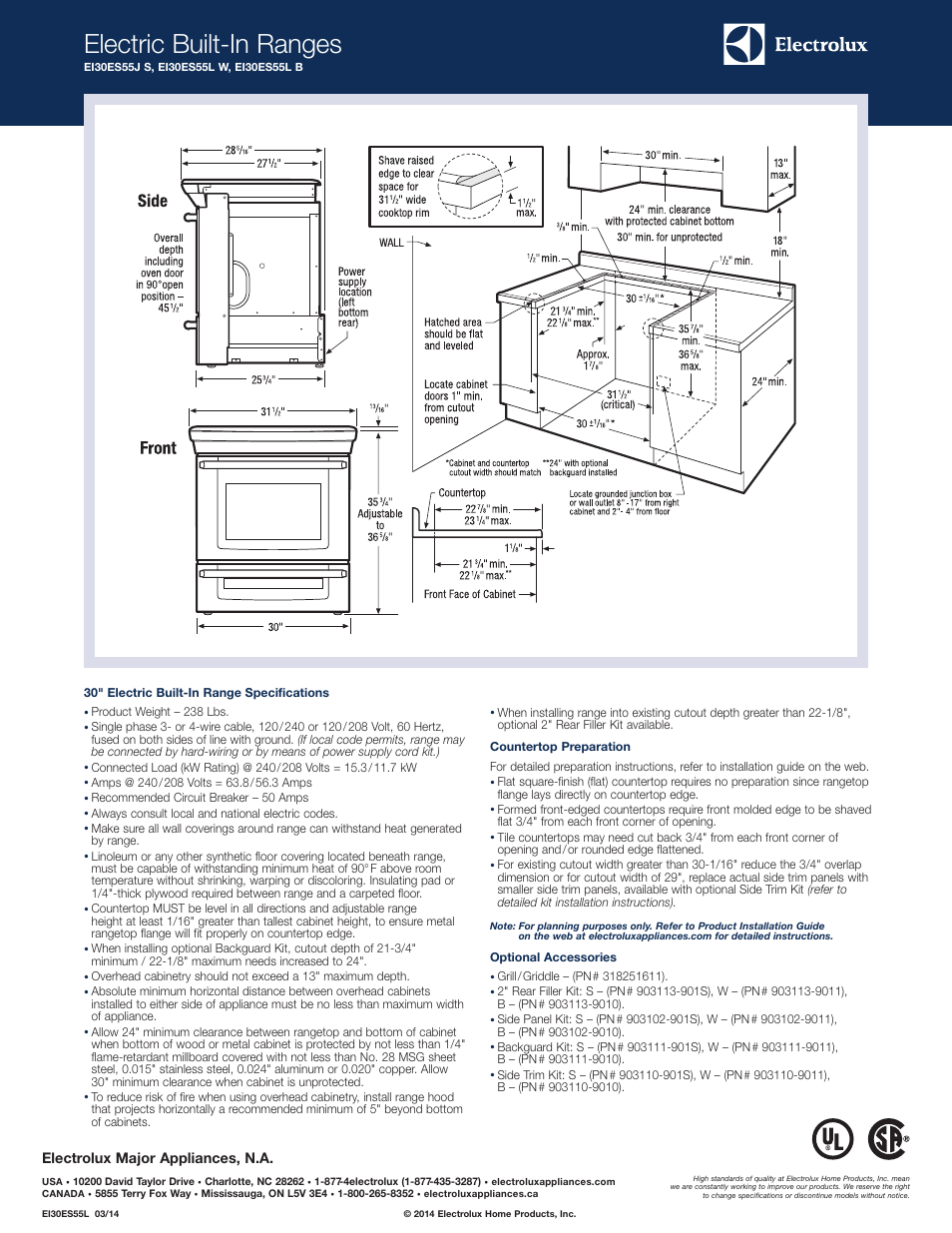 Electric built-in ranges, Electrolux major appliances, n.a | Electrolux EI30ES55LW User Manual | Page 2 / 5