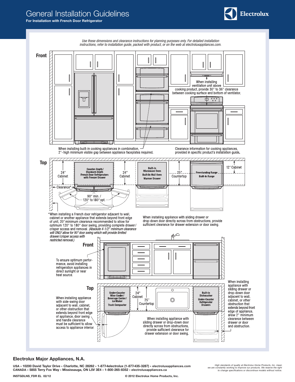 General installation guidelines, Front, Front top top | Electrolux major appliances, n.a | Electrolux EI30ES55LW User Manual | Page 4 / 5
