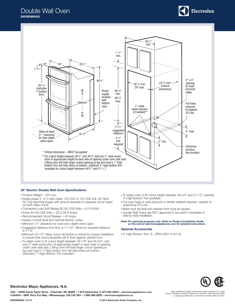 Double wall oven, Electrolux major appliances, n.a | Electrolux EW30EW65GS User Manual | Page 2 / 2