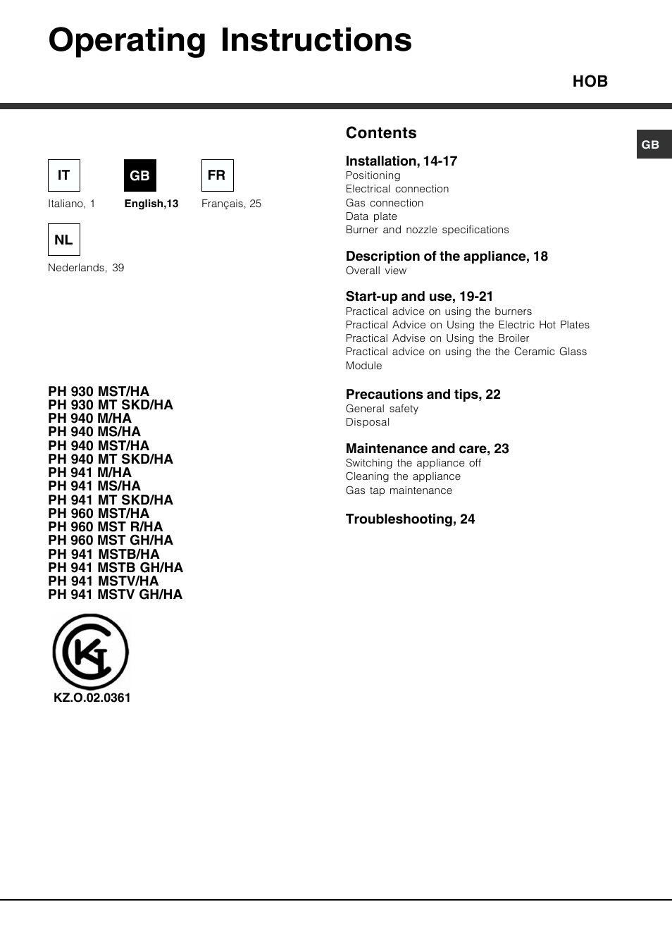 Operating instructions | Hotpoint Ariston PH 941MS (IX)-HA User Manual | Page 13 / 52