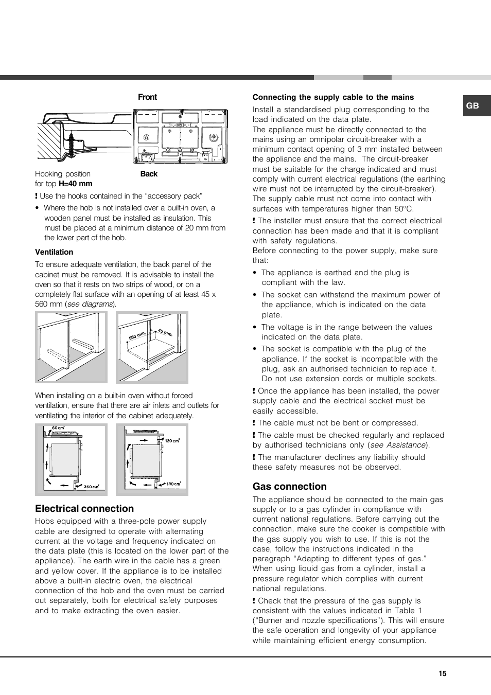 Electrical connection, Gas connection | Hotpoint Ariston PH 941MS (IX)-HA User Manual | Page 15 / 52