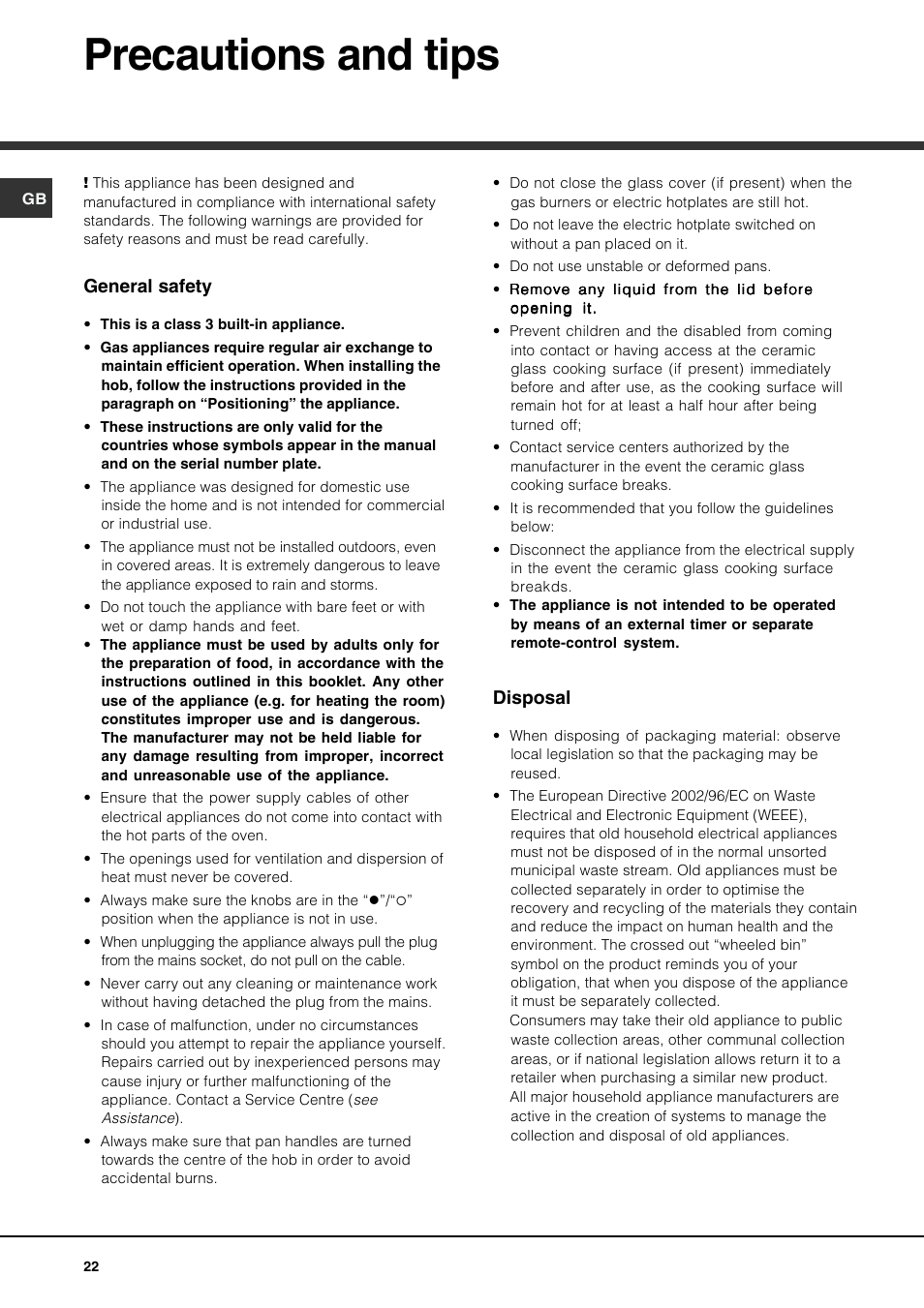 Precautions and tips, General safety, Disposal | Hotpoint Ariston PH 941MS (IX)-HA User Manual | Page 22 / 52