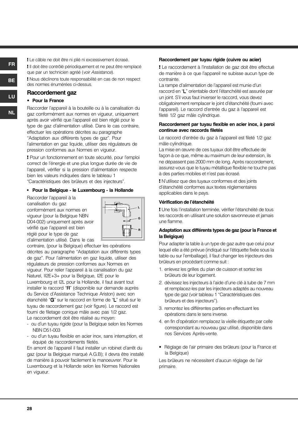 Raccordement gaz | Hotpoint Ariston PH 941MS (IX)-HA User Manual | Page 28 / 52