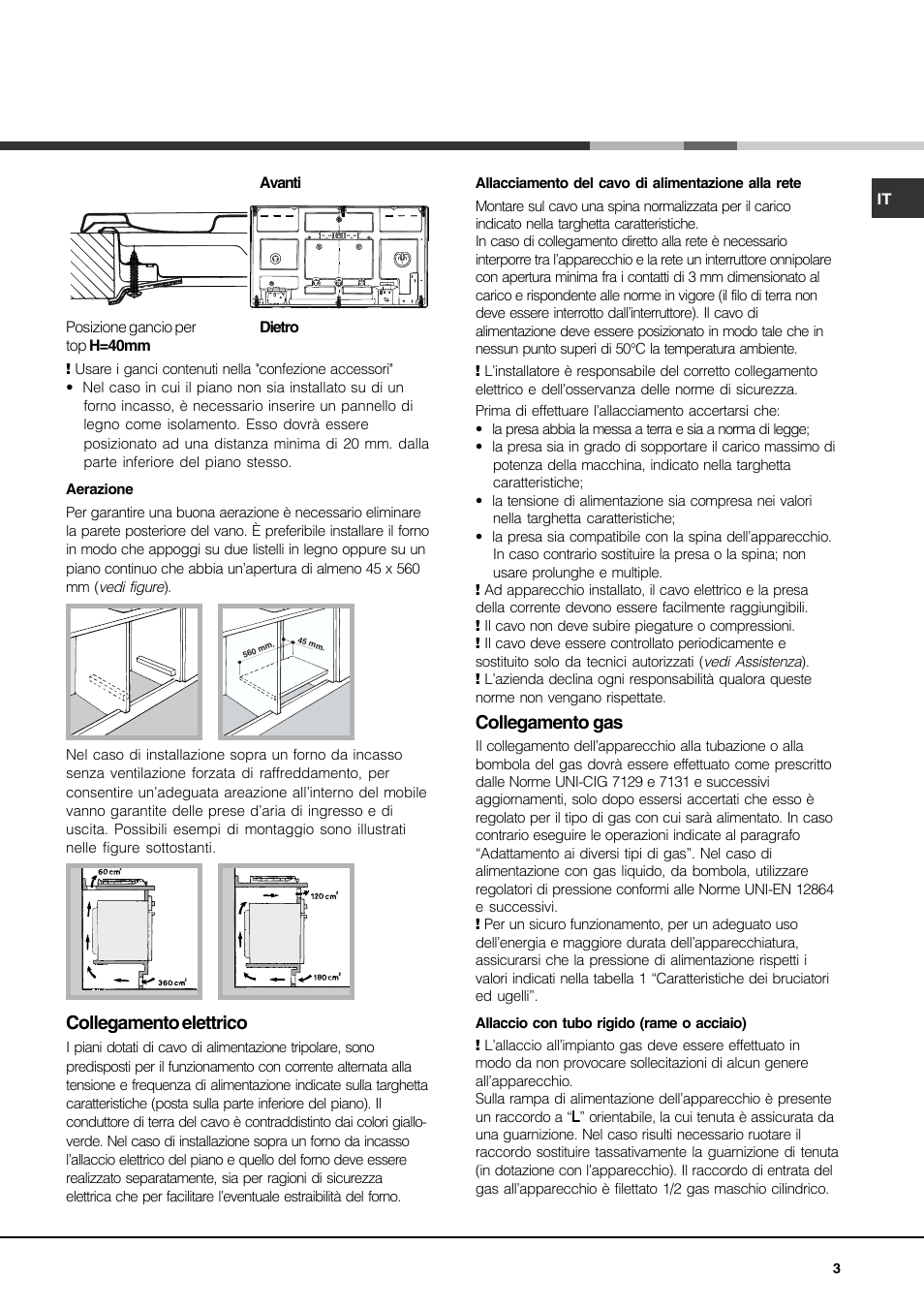 Collegamento elettrico, Collegamento gas | Hotpoint Ariston PH 941MS (IX)-HA User Manual | Page 3 / 52