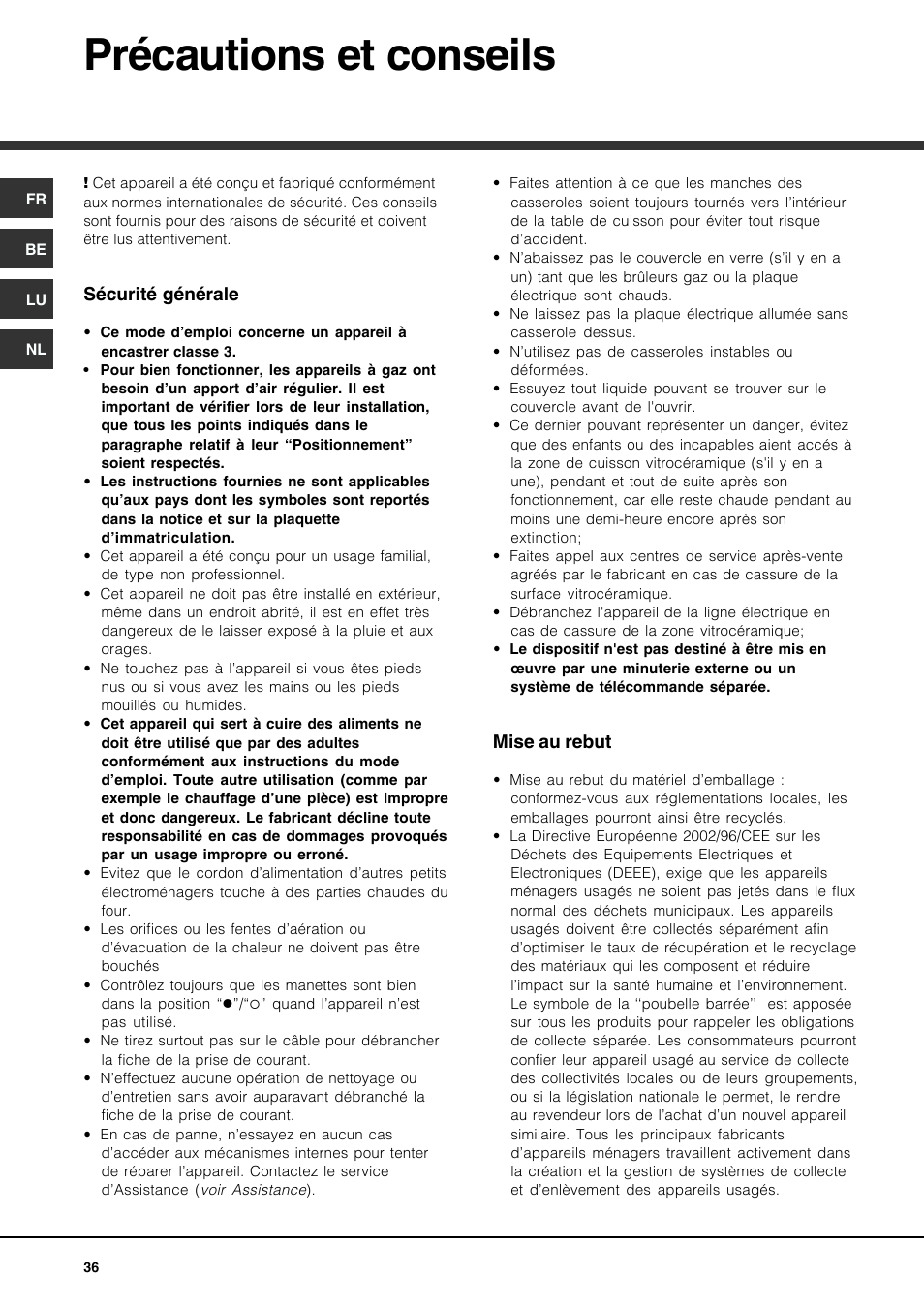 Précautions et conseils | Hotpoint Ariston PH 941MS (IX)-HA User Manual | Page 36 / 52